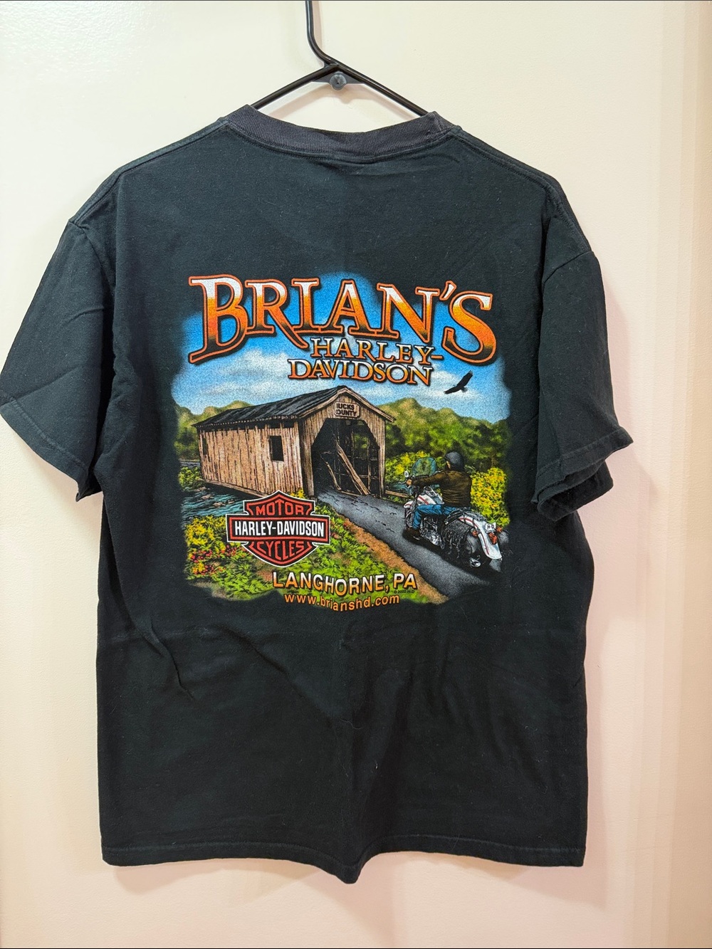 Harley-Davidson Langhorne, PA Black Tee with Colorful Covered Bridge Graphic New